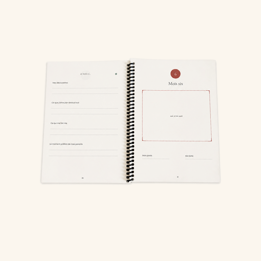 Double page mensuelle du carnet de naissance, rubriques mes découvertes, ce qui me fait rire, poids et taille de bébé à remplir