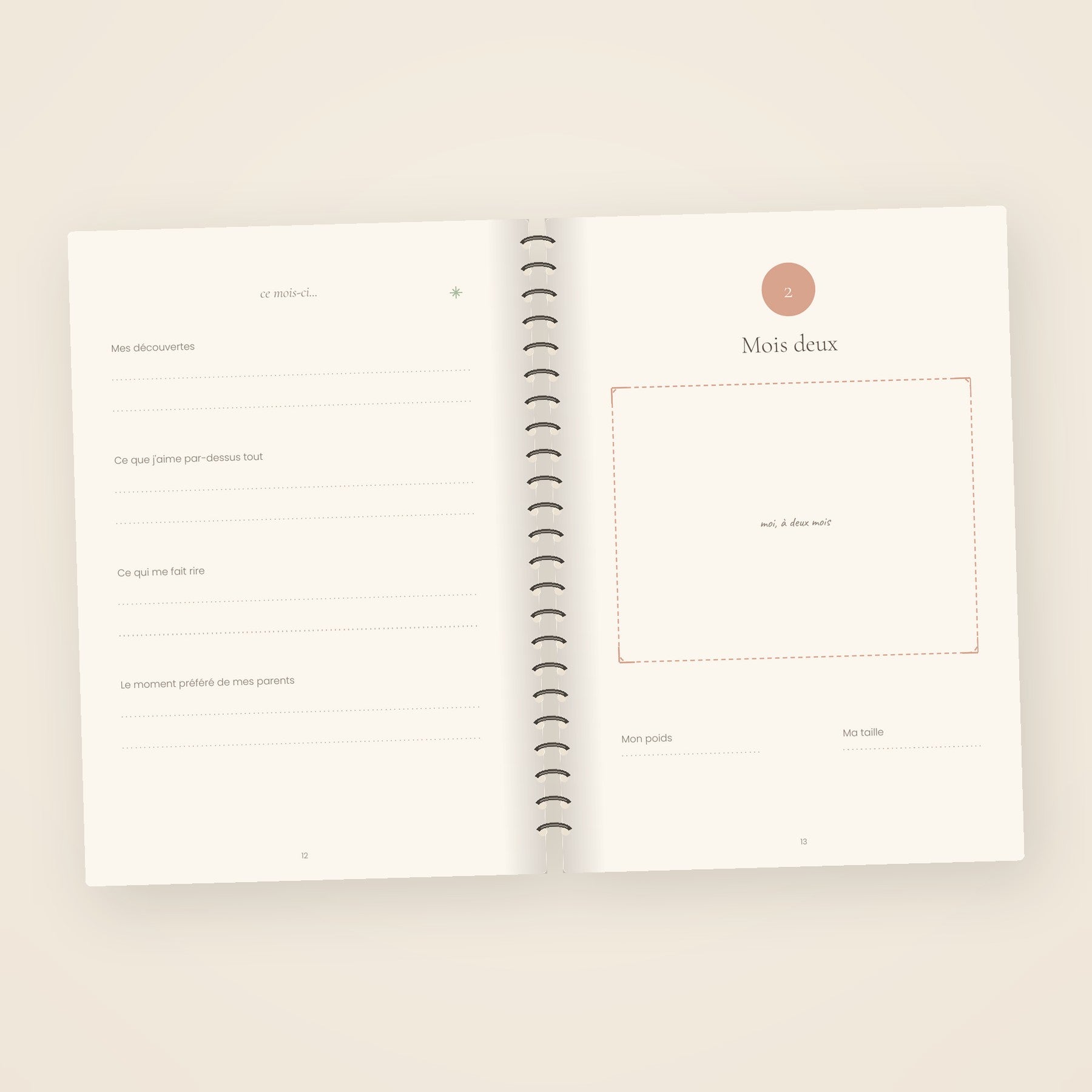 Carnet de naissance ouvert sur la double page d'un mois de bébé