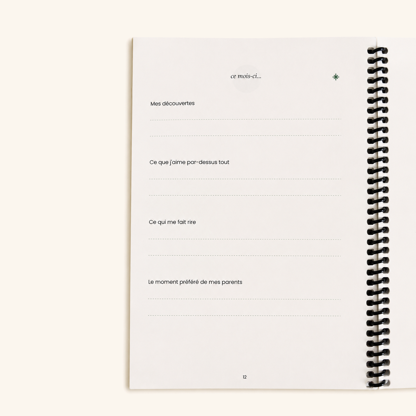Page mensuelle à remplir du carnet de souvenirs bébé, mes découvertes et le moment préféré des parents